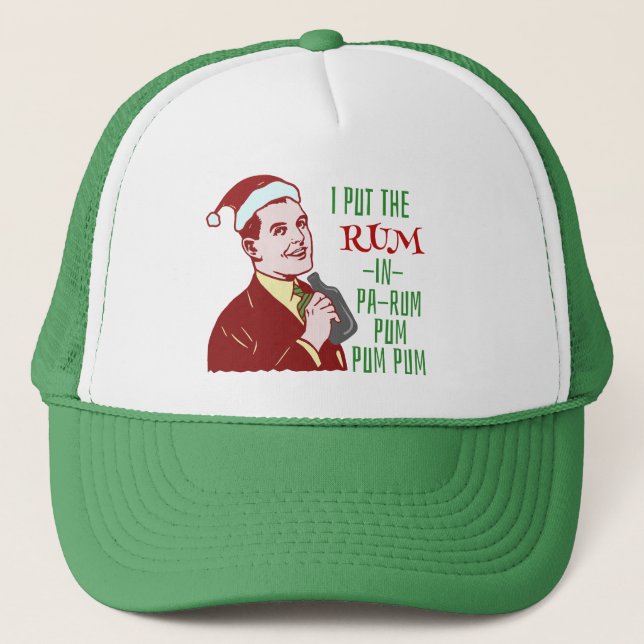 Funny Christmas Retro Man Drinking Rum Holiday Trucker Hat (Front)