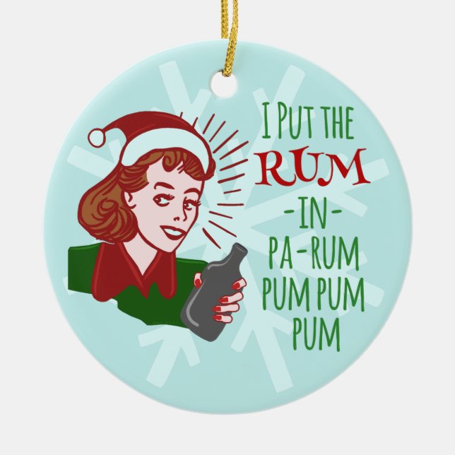 Funny Christmas Retro Rum Drinking Woman Holiday Ceramic Ornament (Front)