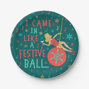 Funny Christmas Retro Woman on Festive Xmas Ball Paper Plate