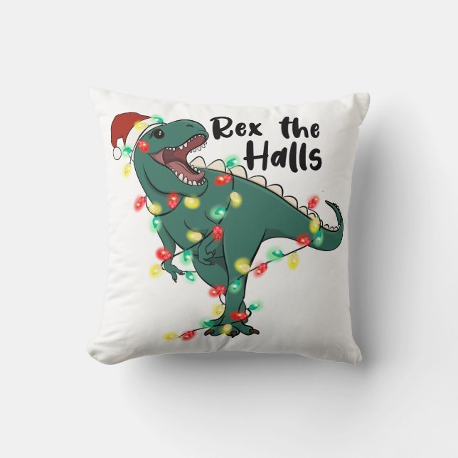 Funny Christmas Rex The Halls T-rex Throw Pillow (Front)