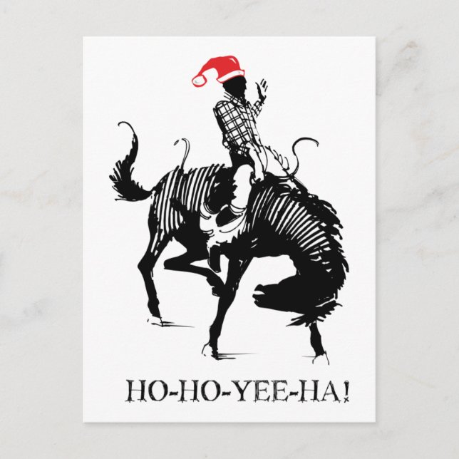 Funny Christmas rodeo Santa on black horse Holiday Postcard (Front)