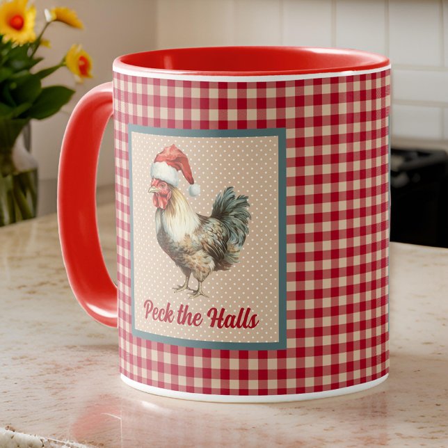 Funny Christmas Rooster Peck the Halls Farmhouse Mug (Creator Uploaded)