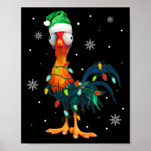 Funny Christmas Rooster Wrapped In Christmas Light Poster
