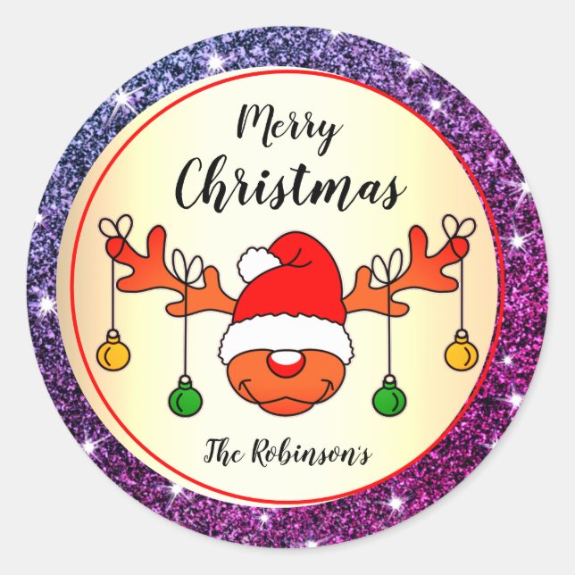 Funny Christmas Rudolph Reindeer Purple Glitter Classic Round Sticker (Front)