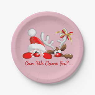 Funny Christmas Santa and Reindeer Cartoon Paper Plate