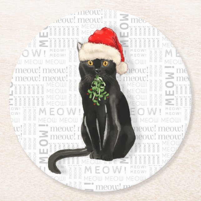 Funny Christmas Santa Black Bombay Cat Round Paper Coaster (Front)