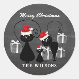 Funny Christmas Santa cat family chalkboard Classic Round Sticker