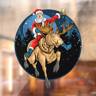 Funny Christmas Santa Claus Beer Riding A Moose  Window Cling