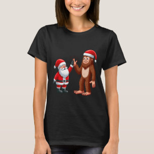 Funny Christmas Santa Claus Bigfoot High-fiving Xm T-Shirt