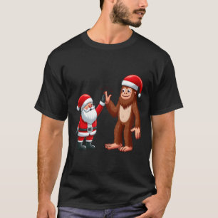Funny Christmas Santa Claus Bigfoot High-fiving Xm T-Shirt