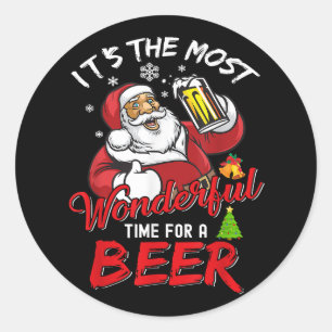 Funny Christmas Santa Claus Drinking Beer Wonderfu Classic Round Sticker