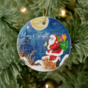 Funny Christmas Santa Claus Holding Sack of Gifts  Ceramic Ornament