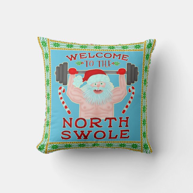 Funny Christmas Santa Claus Swole Weightlifter Throw Pillow (Front)