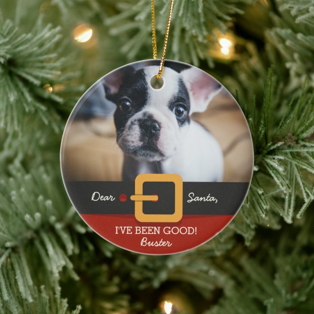 Funny Christmas Santa Dog Photo and Name Custom Ceramic Ornament (Tree)