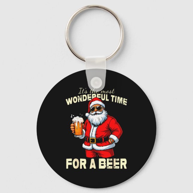 Funny Christmas Santa Drinking Beer Wonderful Time Keychain (Front)
