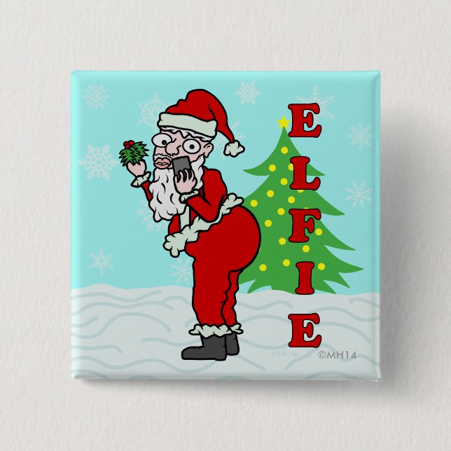 Funny Christmas Santa Elfie 2 Inch Square Button (Front)