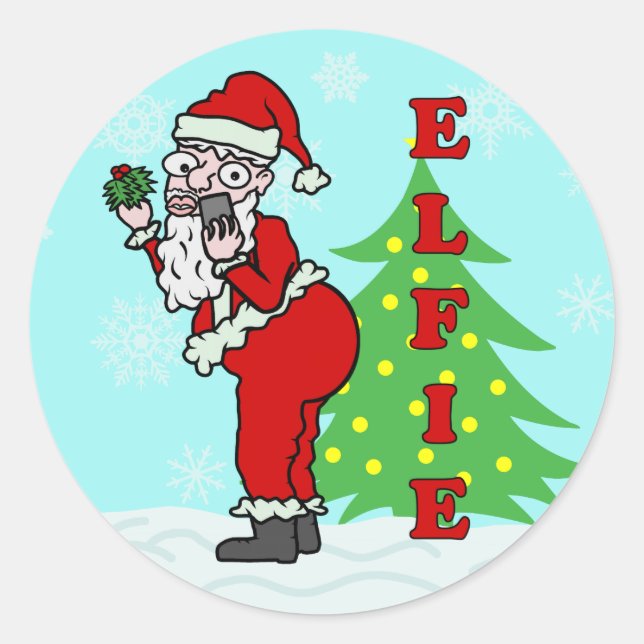 Funny Christmas Santa Elfie Classic Round Sticker (Front)