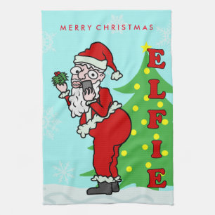 Funny Christmas Santa Elfie Personalized Kitchen Towel