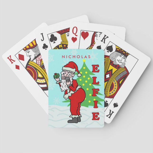 Funny Christmas Santa Elfie Personalized Playing Cards (Back)