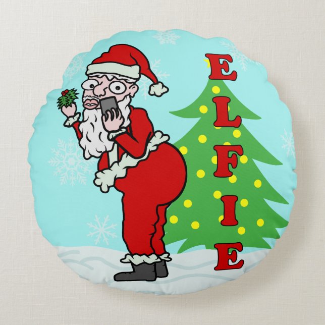 Funny Christmas Santa Elfie Round Pillow (Front)