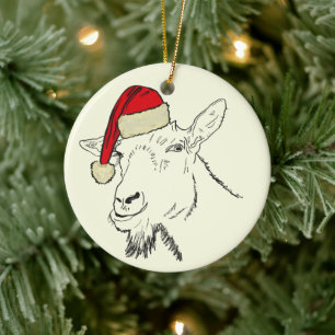 Funny Christmas Santa Goat Quirky Farm Animal Art Ceramic Ornament