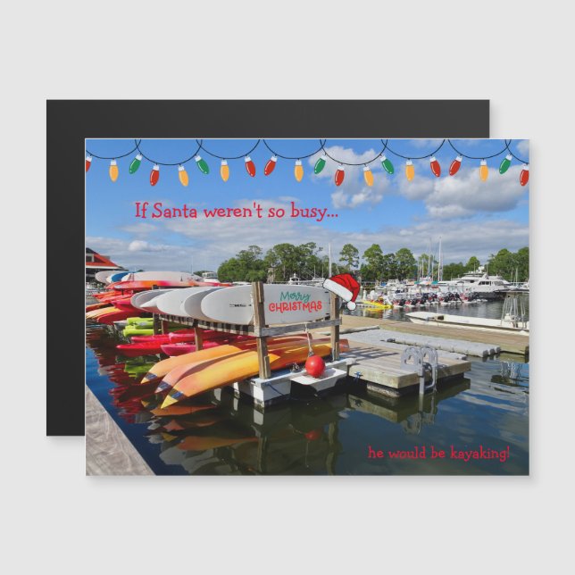 Funny Christmas Santa Kayak Magnetic Holiday Card  (Front/Back)