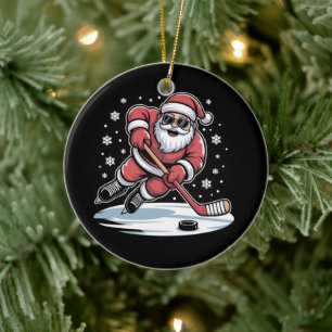 Funny Christmas Santa Playing Ice Hockey Xmas  Ceramic Ornament