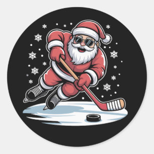 Funny Christmas Santa Playing Ice Hockey Xmas  Classic Round Sticker