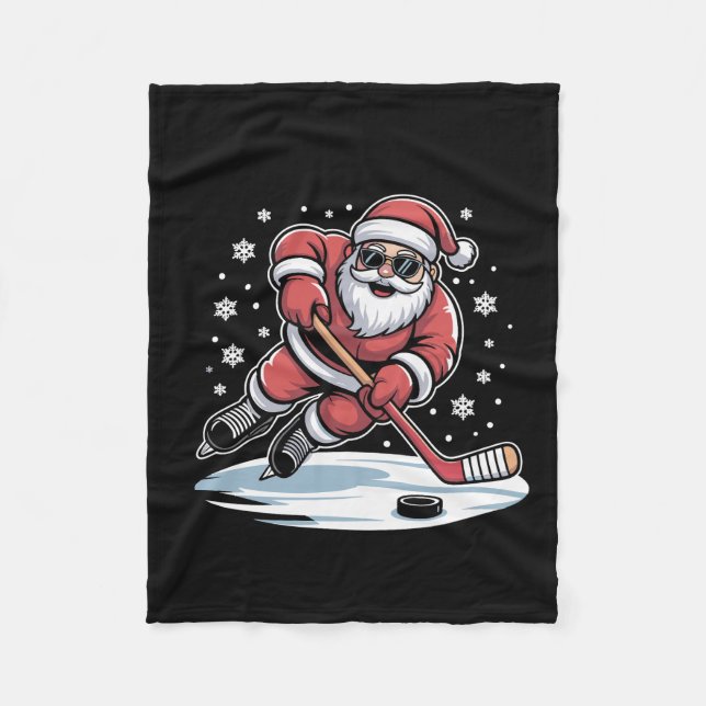 Funny Christmas Santa Playing Ice Hockey Xmas  Fleece Blanket (Front)