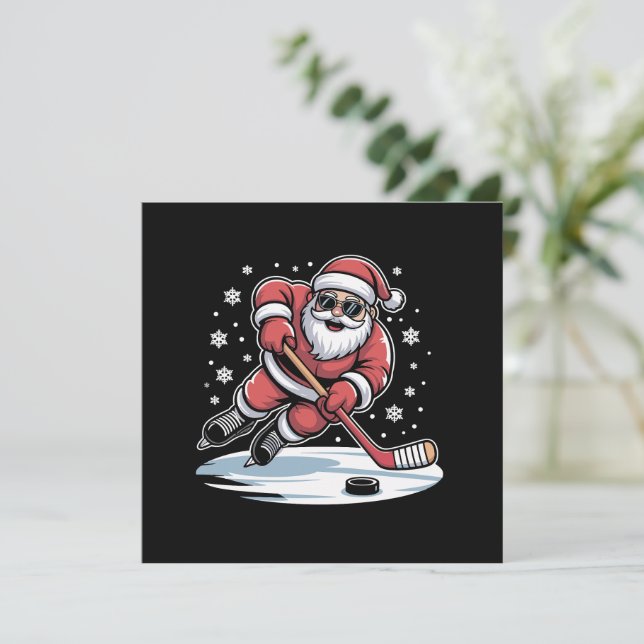 Funny Christmas Santa Playing Ice Hockey Xmas  Holiday Card (Standing Front)