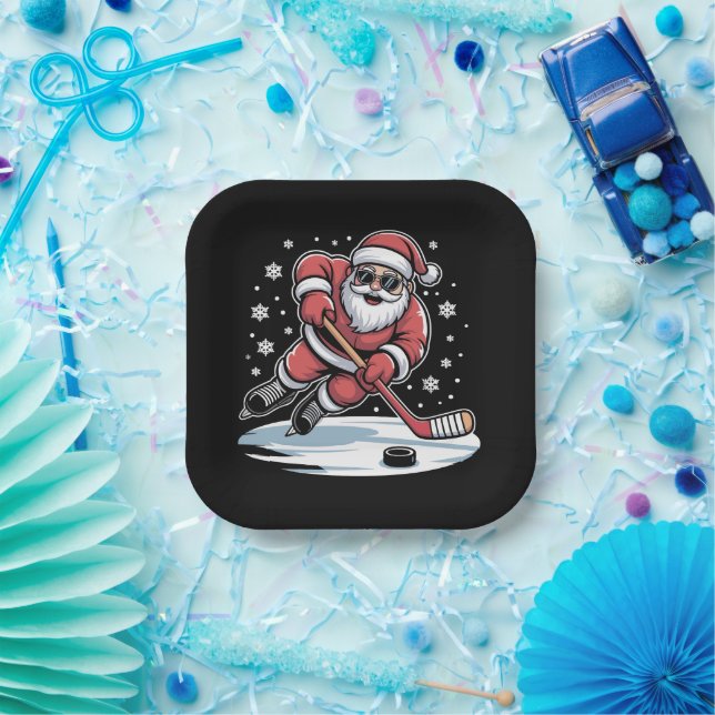 Funny Christmas Santa Playing Ice Hockey Xmas  Paper Plate (Party)