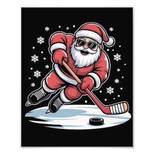 Funny Christmas Santa Playing Ice Hockey Xmas Photo Print