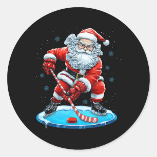 Funny Christmas Santa Playing Ice Hockey Xmas Spor Classic Round Sticker