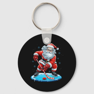 Funny Christmas Santa Playing Ice Hockey Xmas Spor Keychain