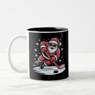 Funny Christmas Santa Playing Ice Hockey Xmas Two-Tone Coffee Mug