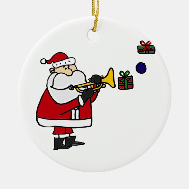Funny Christmas Santa Playing Trumpet Ceramic Ornament (Front)