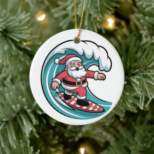 Funny Christmas Santa Surfing Board Surf Ceramic Ornament