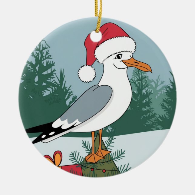 Funny Christmas Seagull Chip - Christmas Seagull Ceramic Ornament (Front)