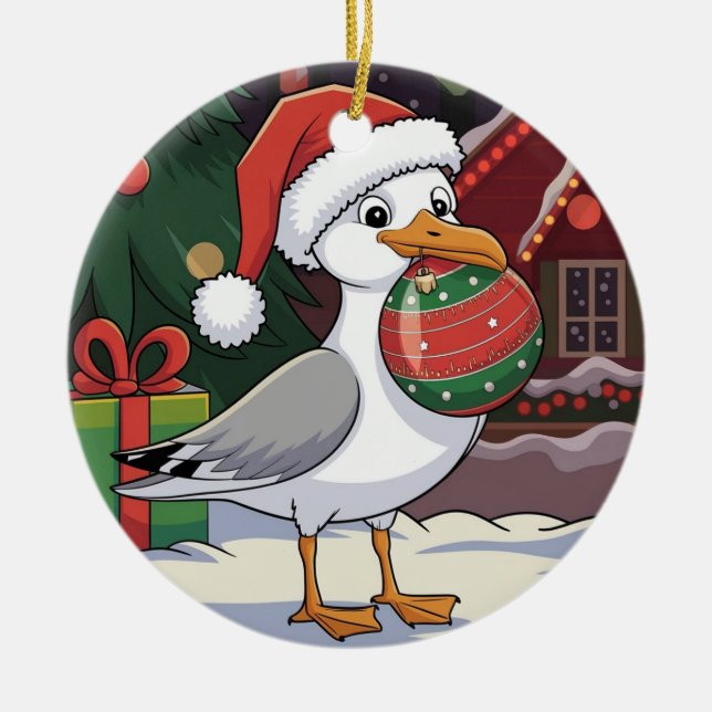 Funny Christmas Seagull Chip - Christmas Seagull Ceramic Ornament (Front)