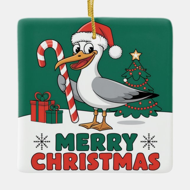 Funny Christmas Seagull Chip - Christmas Seagull Ceramic Ornament (Front)