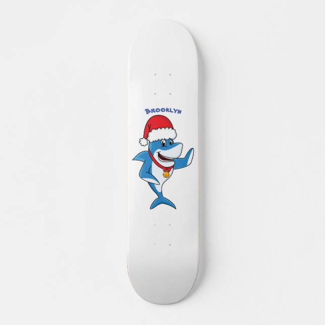 Funny Christmas shark cartoon illustration Skateboard (Front)
