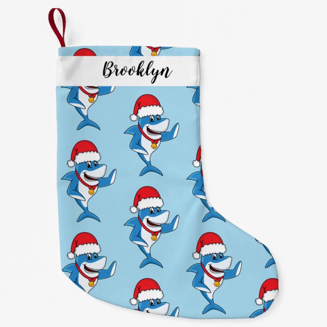 Funny Christmas shark cartoon illustration  Small Christmas Stocking (Front)