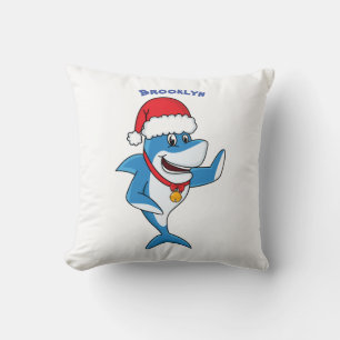 Funny Christmas shark cartoon illustration Throw Pillow