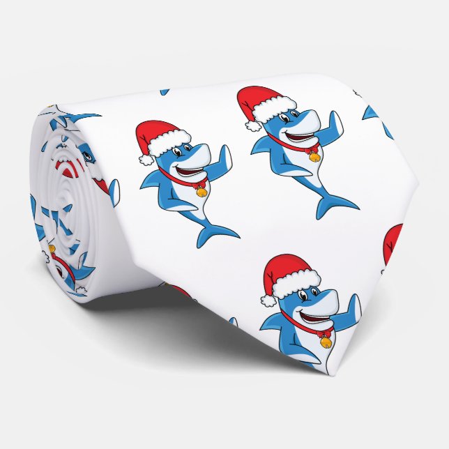 Funny Christmas shark cartoon illustration Tie (Rolled)