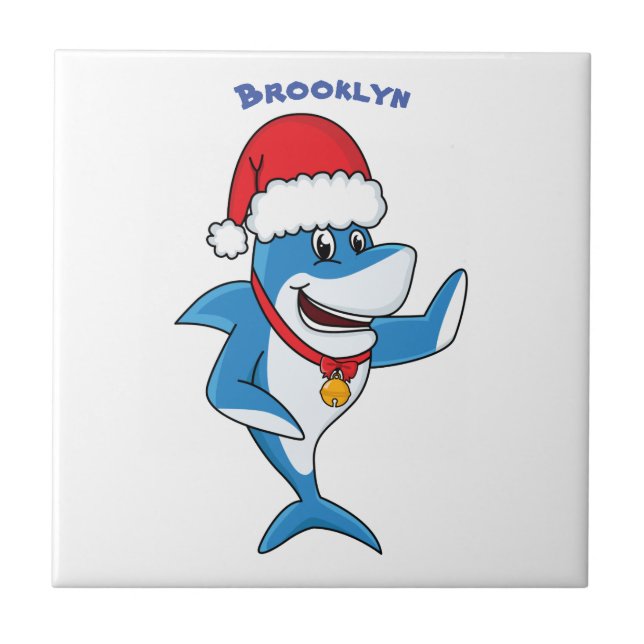 Funny Christmas shark cartoon illustration Tile (Front)