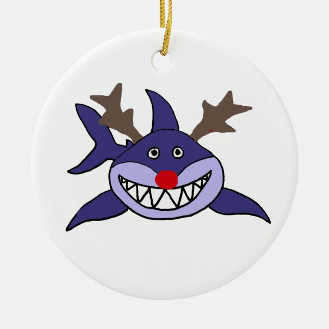 Funny Christmas Shark Reindeer Ceramic Ornament (Front)