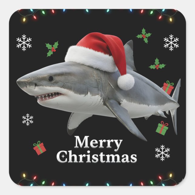 Funny Christmas Shark Santa Hat Realistic Holiday Square Sticker (Front)