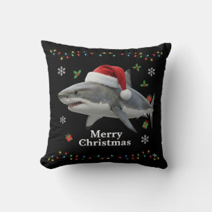 Funny Christmas Shark Santa Hat Realistic Holiday Throw Pillow