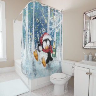 Funny Christmas Shower Curtain Happy Penguin