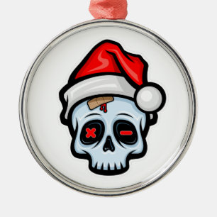 Funny Christmas Skull, Cartoon Style Metal Ornament